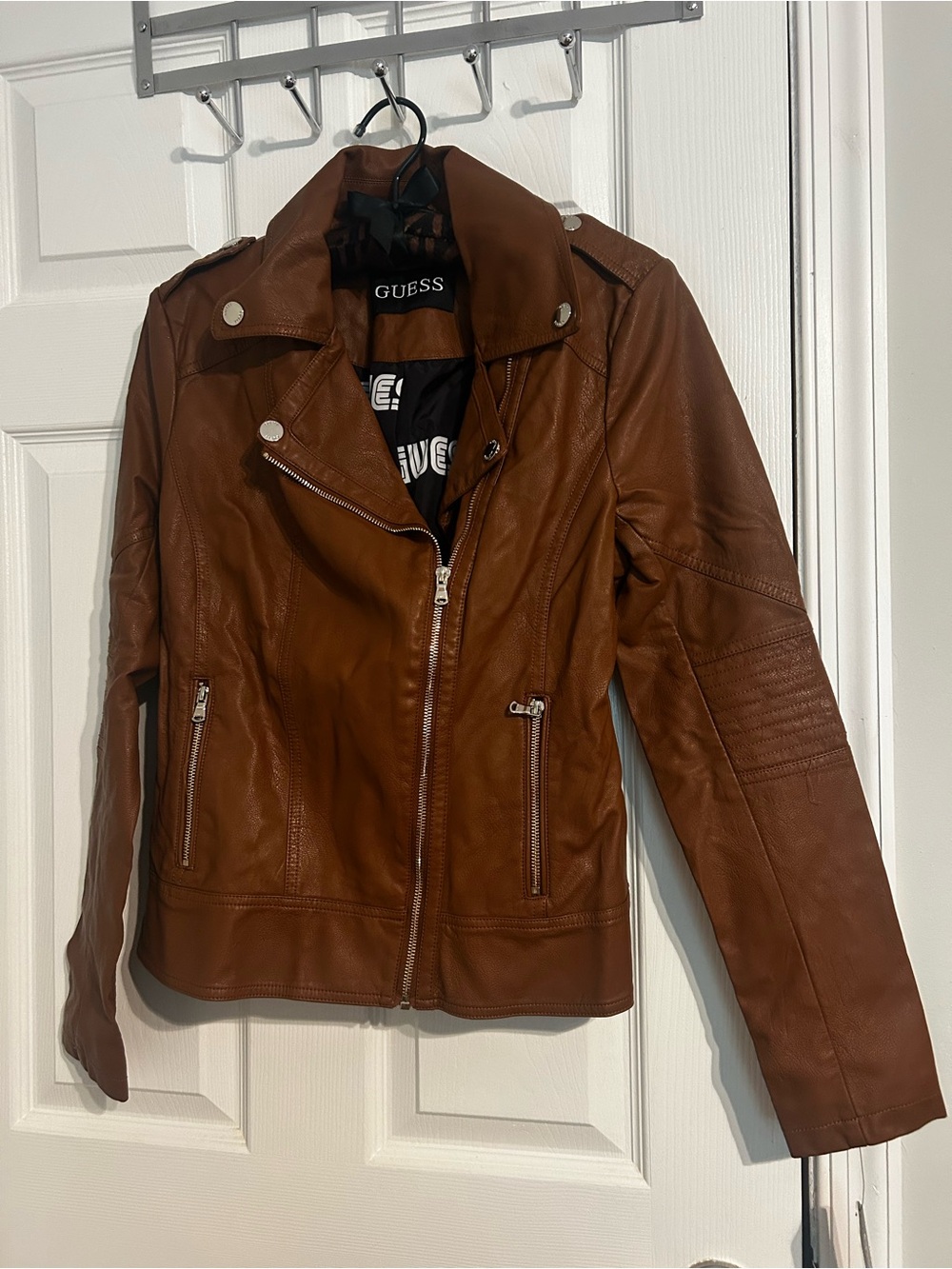 GUESS Brown Leather Moto Jacket with Zip Details